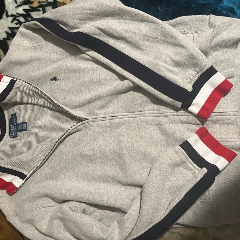 Gray Zip-Up Jacket with Red and Black Stripes